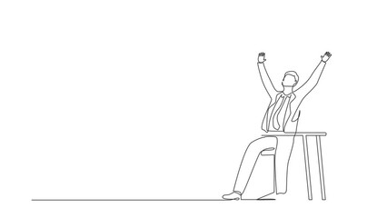 Poster - Animated self drawing of continuous line draw happy businessman sitting with raised hands on the his workplace. Office worker celebrate success of company project. Full length single line animation