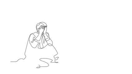 Poster - Animated self drawing of continuous line draw sad businessman cover his face by hands and sitting on the floor. Depression disorder, sad, sorrow, disappointment symptom. Full length one line animation