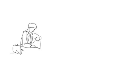 Poster - Self drawing animation of single line draw depressed businessman with briefcase sitting in despair. Entrepreneur sad expression. Professional burnout syndrome. Continuous line. Full length animated
