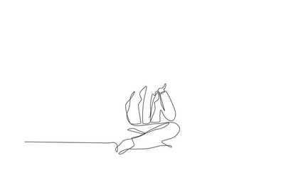 Poster - Animated self drawing of continuous line draw businessman who is asking questions or is confused because he gets into problem. Running out of ideas, sad, depressed. Full length single line animation