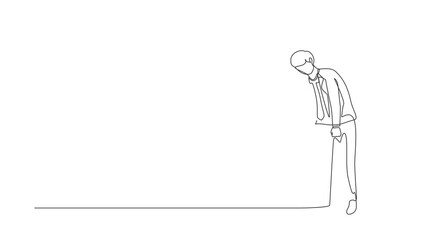 Poster - Self drawing animation of single one line draw sad businessman looking down, holding briefcase. Man having mental pressure. Bankruptcy on economic recession. Continuous line draw. Full length animated