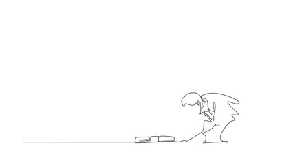 Poster - Self drawing animation of single one line draw depressed businessman with briefcase crawling in despair on floor. Office worker mental health problems. Continuous line draw. Full length animated