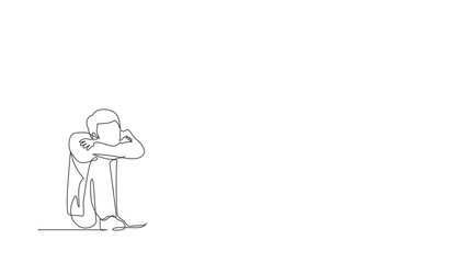 Poster - Animated self drawing of continuous line draw depressed businessman suffer emotion sadness stress with briefcase sitting in despair on floor. Worker feeling stress. Full length one line animation