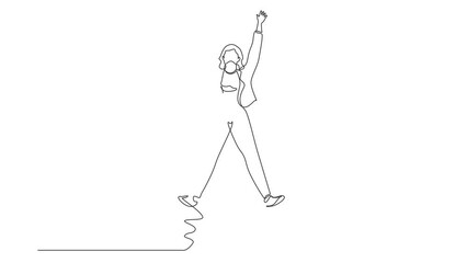 Poster - Animated self drawing of continuous one line draw happy businesswoman jumping with spread his arms and legs. Young office worker celebrate success of company project. Full length single line animation