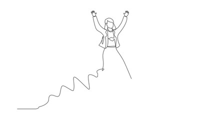 Poster - Animated self drawing of continuous line draw happy businesswoman jump with both hands raised. Young saleswoman celebrates salary increase and benefits from company. Full length one line animation