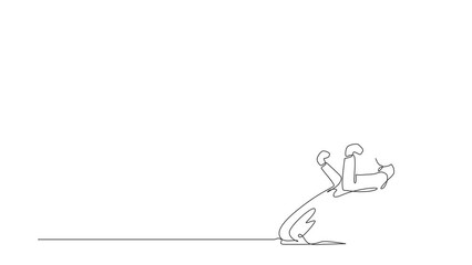 Poster - Animated self drawing of continuous line draw Arabian businessman kneeling with celebrating goal pose. Office worker celebrate success of company financial project. Full length one line animation