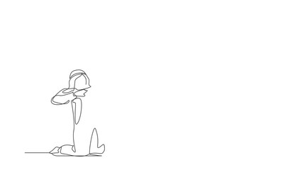 Poster - Animated self drawing of continuous one line draw Arabian businessman kneeling with celebrating goal pose. Manager celebrating success of increasing company product. Full length single line animation