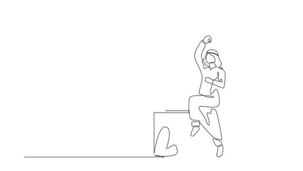 Aufkleber - Animated self drawing of continuous line draw Arab businessman jumping dancing on workplace. Male manager celebrating success of increasing company's product sales. Full length single line animation