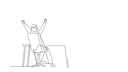 Poster - Animated self drawing of continuous line draw back view Arab man completed task triumphing with raised hands on his workplace. Successful well done work. Completed task. Full length one line animation