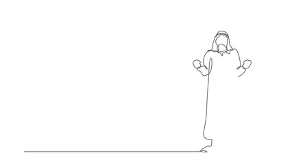 Poster - Animated self drawing of continuous line draw Arabian businessman standing with both hands do gesture yes. Young office worker celebrate success of company project. Full length one line animation