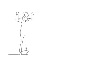 Poster - Animated self drawing of continuous line draw Arab businesswoman standing with raised clenched hands. Manager celebrating success of increasing company product sales. Full length one line animation