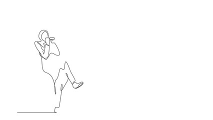 Poster - Animated self drawing of continuous line draw Arab businesswoman standing fold one leg, do yes gesture with both hands. Worker celebrate success of company project. Full length single line animation