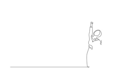 Poster - Self drawing animation of single line draw businesswoman kneeling raised one hand high, raised the other. Saleswoman celebrates salary increase from company. Continuous line draw. Full length animated