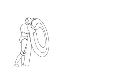 Poster - Animated self drawing of continuous line draw robots hugging huge target with arrow on target. Modern robotics artificial intelligence. Electronic technology industry. Full length one line animation