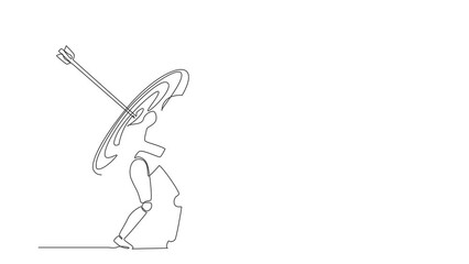 Poster - Animated self drawing of continuous line draw robots carrying heavy target with exact arrow. Humanoid robot cybernetic organism. Future robotics development concept. Full length single line animation