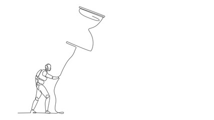 Poster - animated self drawing of single continuous line draw robot holding flying hourglass balloon with rop