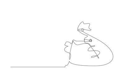 Poster - Animated self drawing of continuous one line draw robots hugging huge bag full cash of money. Humanoid robot cybernetic organism. Future robotics development concept. Full length single line animation