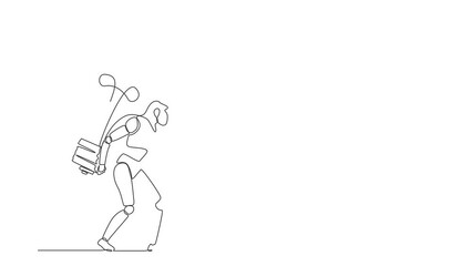 Poster - animated self drawing of continuous line draw robot carrying heavy big lightbulb. future technology 