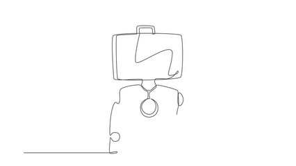 Poster - Animated self drawing of continuous line draw robot with briefcase instead of head. Future technology development. Artificial intelligence machine learning process. Full length single line animation