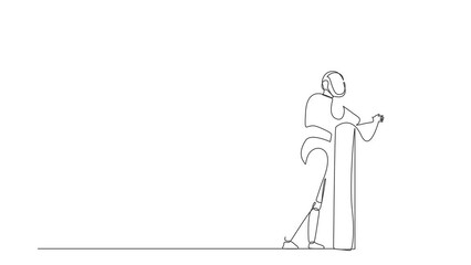 Poster - Animated self drawing of single continuous line draw robots standing and hugging huge briefcase. Humanoid robot cybernetic organism. Future robotics development concept. Full length one line animation
