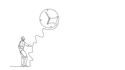Poster - Animated self drawing of continuous line draw robots holding flying big alarm clock balloon with rope. Humanoid robot cybernetic organism. Future robotics concept. Full length one line animation