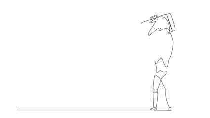 Poster - Self drawing animation of single one line draw robot standing lifting up briefcase. Future development. Artificial intelligence and machine learning process. Continuous line draw. Full length animated