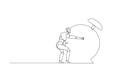 Poster - Animated self drawing of continuous one line draw robots hugging huge alarm clock. Modern robotics artificial intelligence technology. Electronic technology industry. Full length single line animation