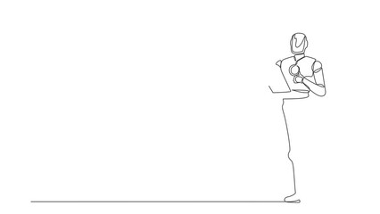 Poster - self drawing animation of single line draw robot holding clipboard showing thumbs up. future develop