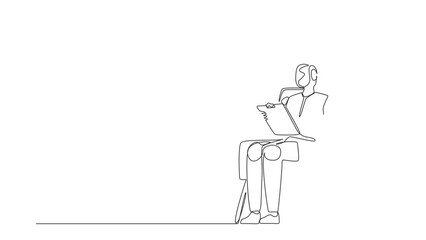 Poster - Animated self drawing of continuous line draw robots sitting writing on clipboard. Modern robotics artificial intelligence technology. Electronic technology industry. Full length one line animation