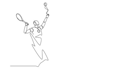 Poster - Self drawing animation of single line draw robot come out from cellular phone, serve tennis ball with racket. Future technology. Artificial intelligence machine. Continuous line. Full length animated
