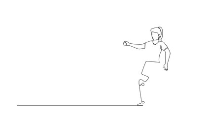 Poster - Animated self drawing of continuous one line draw disabled woman athlete playing football. Disability player with leg prosthesis. Match, competition. Sport training. Full length single line animation