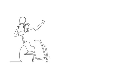 Poster - Animated self drawing of single continuous line draw male athlete with disability playing tennis sitting in wheelchair. sportsman holding racket and serve the ball. Full length one line animation
