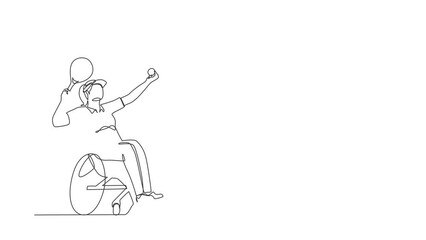 Poster - Animated self drawing of continuous one line draw female athlete with disability playing tennis sitting in wheelchair. Sportswoman holding racket and serve the ball. Full length single line animation