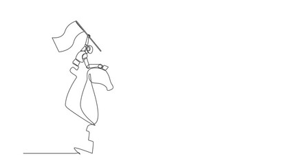 Poster - Self drawing animation of single line draw robot standing on top of big horse knight chess waving flag. Technology. Artificial intelligence machine learning. Continuous line draw. Full length animated