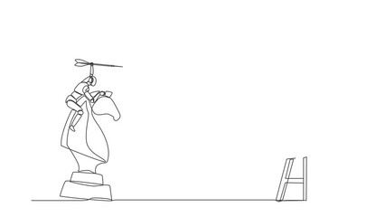 Poster - Animated self drawing of continuous line draw robots holding dart arrow while riding chess knight piece. Modern robotics artificial intelligence. Electronic technology. Full length one line animation