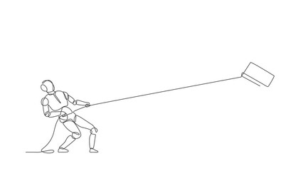 Poster - self drawing animation of single line draw robot pulling big rook chess with rope. future technology