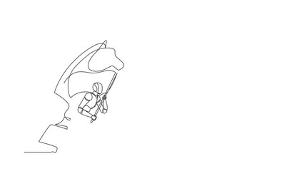 Poster - Animated self drawing of continuous line draw robots running holding flag beside horse knight chess. Humanoid robot cybernetic organism. Future robotics development. Full length single line animation