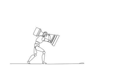 Poster - Self drawing animation of single line draw robot holding rook chess piece to beat king chess. Future technology. Artificial intelligence machine learning. Continuous line draw. Full length animated