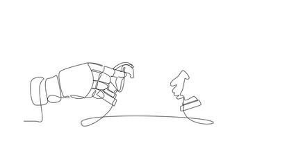 Poster - Self drawing animation of single one line draw robot hands holding rook chess piece the other hand too. Future technology. Artificial intelligence machine. Continuous line draw. Full length animated