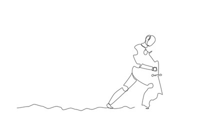 Poster - Self drawing animation of single one line draw robot tries to draw stuck excalibur sword from stone. Future technology. Artificial intelligence machine learning. Continuous line. Full length animated
