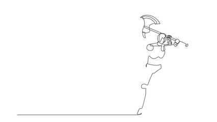 Poster - Animated self drawing of continuous line draw robot standing and swinging big axe. Modern robotics artificial intelligence technology. Electronic technology industry. Full length one line animation