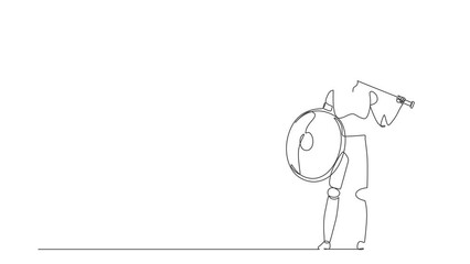 Wall Mural - Self drawing animation of single line draw robot standing holding axe and shield. Future technology development. Artificial intelligence machine learning. Continuous line draw. Full length animated