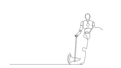 Poster - Animated self drawing of continuous one line draw robots stands holding big axe and shield. Humanoid robot cybernetic organism. Future robotics development concept. Full length single line animation