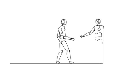 Poster - Self drawing animation of single line draw robot is inviting his friend to get into his office. Future technology. Artificial intelligence and machine learning. Continuous line. Full length animated