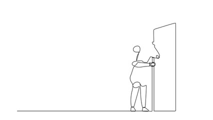 Poster - Animated self drawing of continuous line draw robot eavesdropping and listening to conversation at door. Robotic artificial intelligence. Electronic technology industry. Full length one line animation
