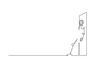 Poster - Animated self drawing of continuous line draw robots standing and pushing door with her back. Humanoid robot cybernetic organism. Future robotics development concept. Full length single line animation