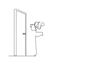 Poster - Animated self drawing of continuous line draw robots standing in front of door and writing on clipboard. Humanoid robot cybernetic organism. Future robotics concept. Full length single line animation