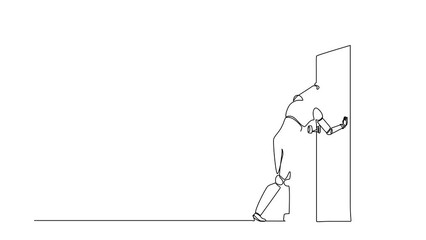 Poster - Self drawing animation of single line draw robot standing and pushing closed door. Future technology development. Artificial intelligence and machine learning. Continuous line. Full length animated