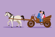 Cartoon Flat Style Drawing Romantic Arab Couple Trying Kiss Each Other. Man And Pretty Woman Just Married. Happy Bride And Groom Sitting In Carriage Pulled By Horse. Graphic Design Vector Illustration