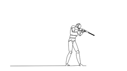 Poster - Self drawing animation of single line draw robot pointing shotgun at doorknob. Future technology development. Artificial intelligence and machine learning. Continuous line draw. Full length animated